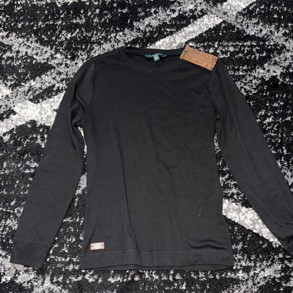 Ralph Lauren Black Crewneck Long Sleeve with Brown Elbow Patches